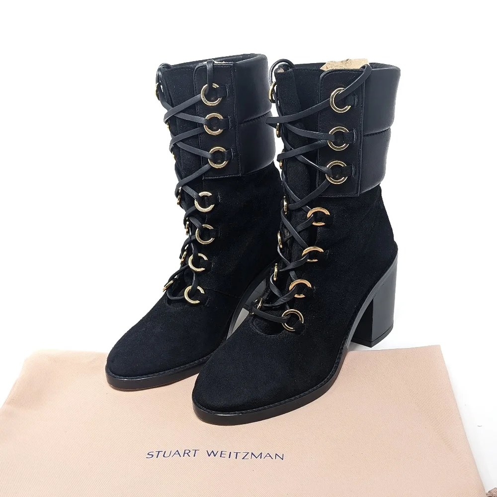 NEW Stuart Weitzman Watson Black Lace Up Boot Size 6 - Picture 6 of 8